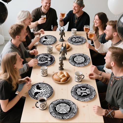Viking Theme Paper Plates 9-Inch Black & White Set with Tree of Life - Variation of Viking Warrior Theme Round Plates