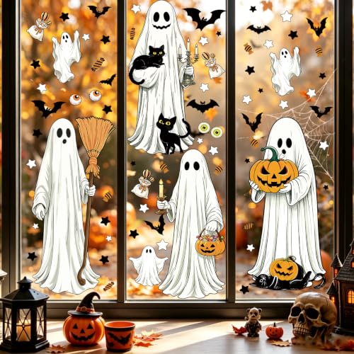 Large Ghost Halloween Window Stickers - White, 8 Sheets for Indoor & Outdoor Decor