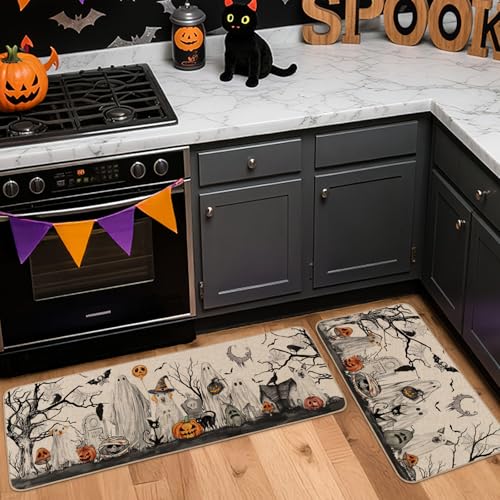Halloween Boo Dog Ghost Decorative Kitchen Rugs Set of 2, 17x29 & 17x47 Inch - Multi-Color