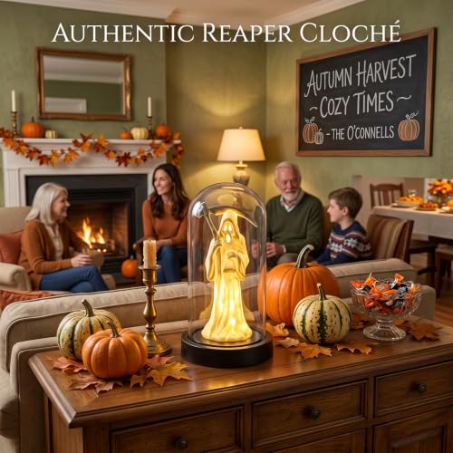 Yellow Grim Reaper Ghost Halloween Decor Light - LED Tabletop Lamp with Glass Dome