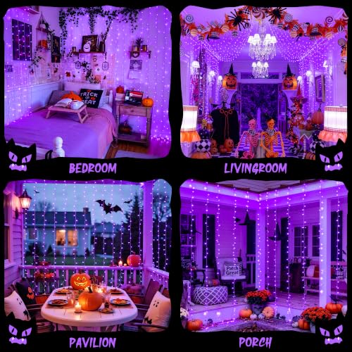 USB Purple Halloween Curtain Lights - 200 LED, 6.5ft x 6.5ft, Remote Control