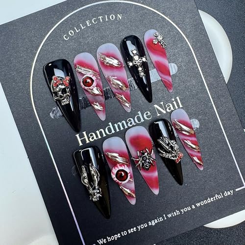 Halloween Long Stiletto Press On Nails Black Skeleton Spider Charm - Variation of Halloween-L