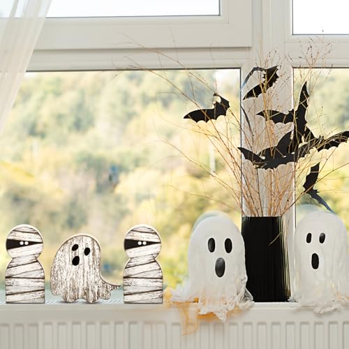 Halloween Mummy and Ghost Wooden Signs Decor Set - Spooky 3D Table Decorations