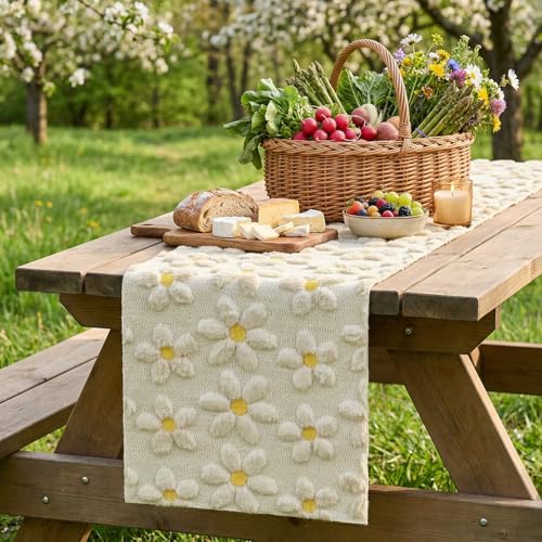 Beige Soft Plush Faux Fur Jacquard Daisy Table Runner - 13 x 72 Inches