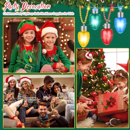 Christmas Light Up Necklaces Bulk Set - 24 LED Bulb Jewelry in Red Green Blue Gold - Party Favors & Decorations