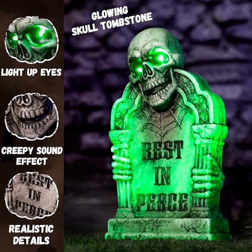 Halloween Animatronic Tombstone with Skull & Green LED Lights, Sound & Motion Activated - Green Variation