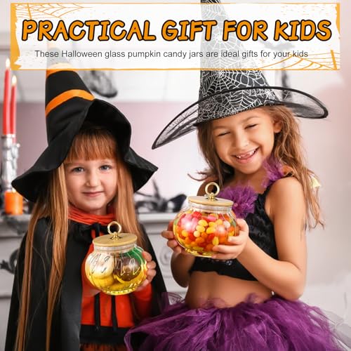 Halloween Pumpkin Glass Candy Jars with Bamboo Lids - 20 oz Set of 2