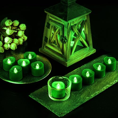 Green Flickering Flame Tea Lights with Auto 6H Timer - Battery Operated, Curved Design