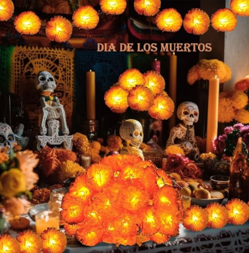 Marigold Garland Lights String - 10ft, 20 LED Artificial Flowers, Ø 3.5 Inches, Day of the Dead & Festival Decor