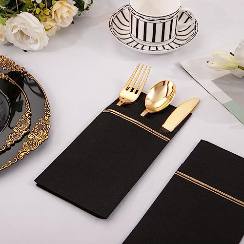 Black Disposable Napkins with Built-in Flatware Pocket - 100 Pack