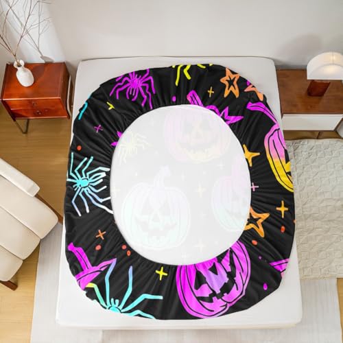 Rainbow Pumpkin Halloween Lantern Fitted Sheet Queen Size - Spiderwebs Glitter Stars Galaxy Bedding Set with Variation Multi 10