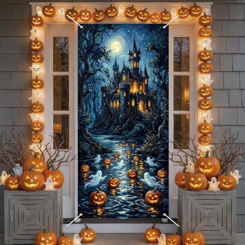 Halloween Door Cover Decorations - Spooky Pumpkin & Ghost Banner 35.5x72 Inch