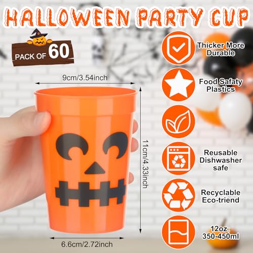 Halloween Plastic Cups 12 oz Orange Pumpkin Jack O Lantern Party Supplies - 60 Pieces