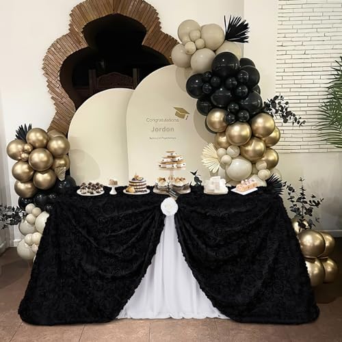 Black 3D Floral Rosette Satin Tablecloth 90x156 Inches for Wedding & Party