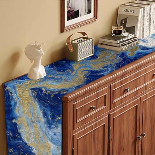 Set of 6 Blue Marble Table Runner & Placemats - Gold Accents, Elegant Home Dining Decor - 1 Runner 72x13 Inches + 6 Placemats 17.7x11.8 Inches (Variation 135)