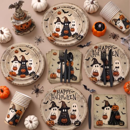 Halloween Disposable Tableware Set - 168 Pcs Ghost Pumpkin Plates Cups Napkins Cutlery