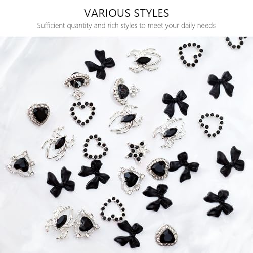 Black Gothic Nail Charms Set with Bows Hearts Spiders Stars - 40 Pieces DIY Nail Art Accessories