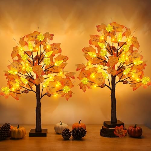 Classic Style 3 2 Pack 24-Inch Prelit Fall Maple Trees with LED Lights & Decorations