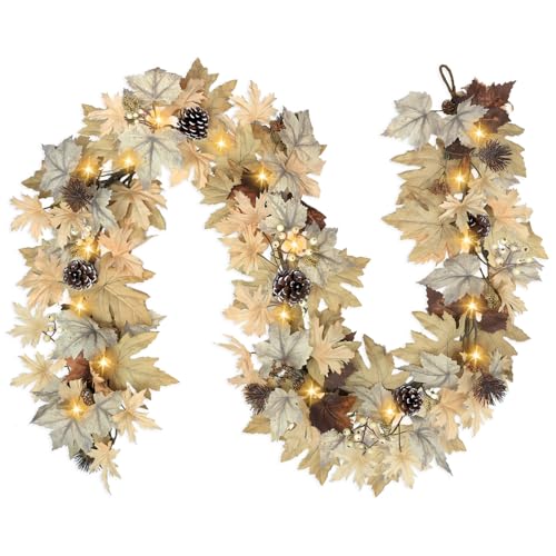6 Ft Fall Garland with Lights - Real Touch Leaves Berries Pine Cones - Beige