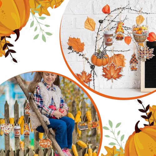 Fall Tree Decorations Gnome Truck Pumpkin Maple Leaf Wooden Hangings - Orange-4