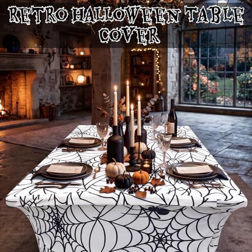 Halloween Spiderweb Tablecloth 6ft White Stretch Cover — 2 Pack, Spiderweb Design, Reusable
