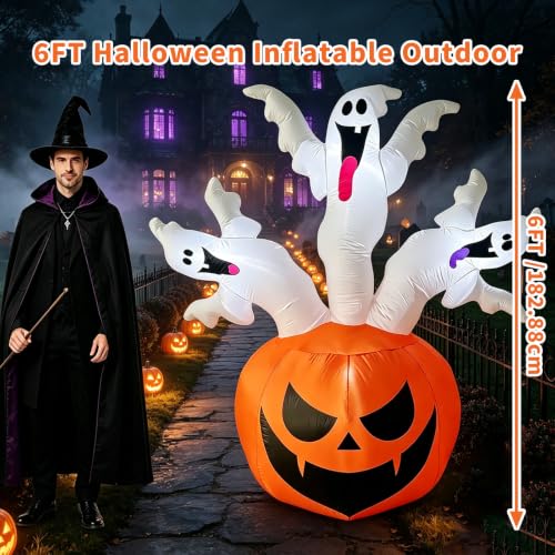 6FT Halloween Inflatable Pumpkin & Ghosts Yard Decor with LED Lights - Multi-Color