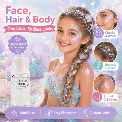 Rainbow White Glitter Stick for Face Hair Body - Sparkly, Mess-Free, Waterproof