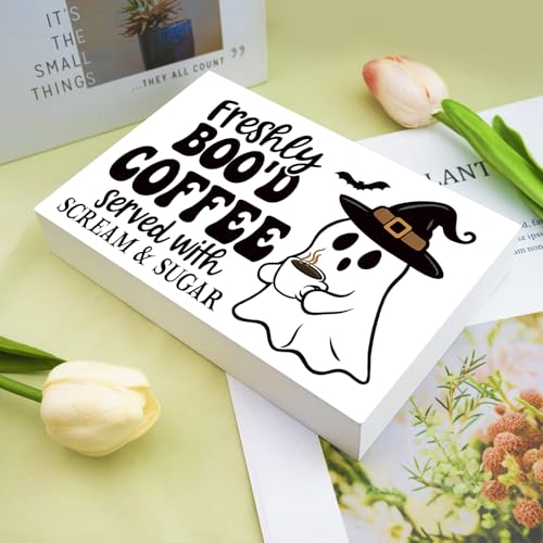 Halloween Ghost Coffee Bar Sign - Wooden Kitchen Decor for Halloween