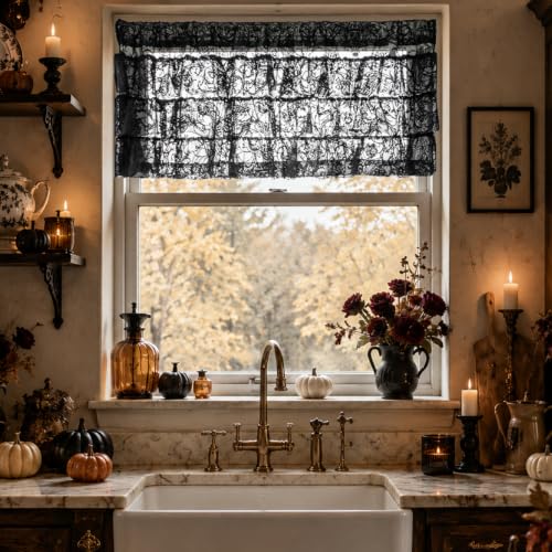 Black Lace Ruffle Valance for Window 52W x 18L - Gothic Decor Pack of 1