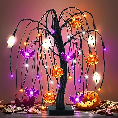 Halloween Willow Tree with LED Pumpkin Bat Ghost Lights - Orange, Purple, White - 18 Inch Spooky Indoor Decoration with Timer & USB/Battery Operated