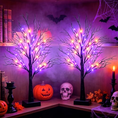 Halloween Decorations Indoor, 2 Pack 26-Inch Black Halloween Trees with Orange & Purple LED Lights - USB & Battery Powered, Spooky Tabletop Decor, Orange Purple Variation