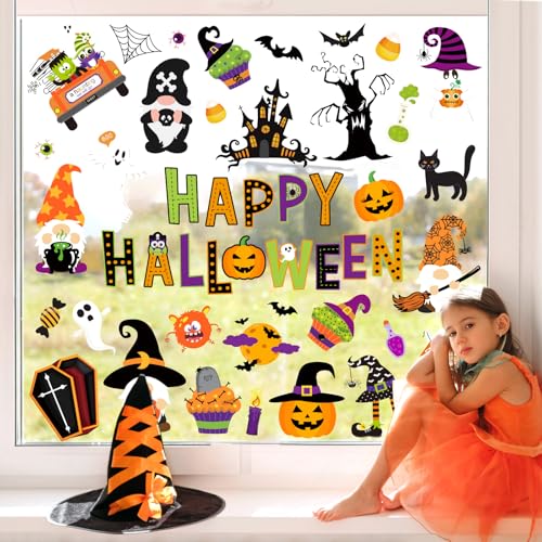 Halloween Window Clings - 9 Sheets, Reusable Cartoon Pumpkin Ghost Gnome Decorations