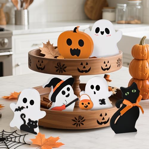 Halloween Wooden Decor Set - Ghost and Pumpkin Signs, Ghost C Variation, Indoor Fall & Holiday Table Decorations