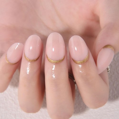 Evpct Nude Pink French Press-On Nails - Short Oval Design with Gold Foil Accents | Reusable Soft Gel Kit