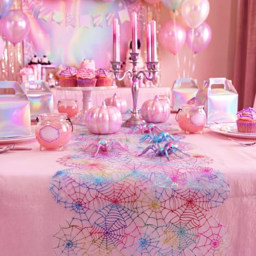 Irenare Iridescent Spider Web Table Runner - Halloween Pastel Decor, 14x70 Inches - Variation 1
