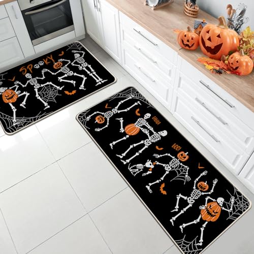 Halloween Gothic Skeleton Kitchen Rugs Set of 2 - Spooky Jack O Lantern & Bat Floor Mats - Skeleton Variation