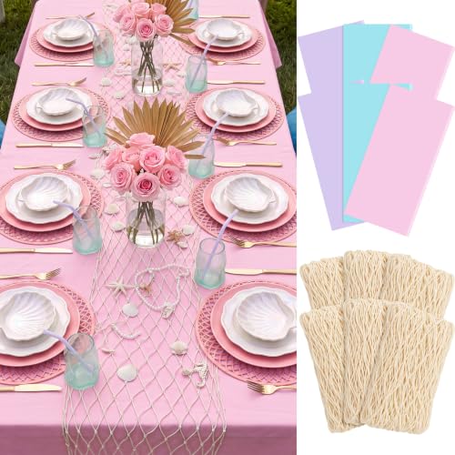 Fish Net Table Runner & Plastic Tablecloth Set - Mermaid Color, 12 Pieces