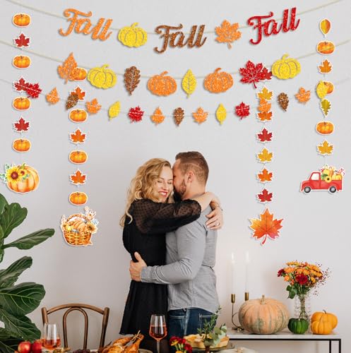 Fall Banner and Garland Set with Glitter Leaves and Pumpkins for Autumn Party Decorations