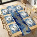 Set of 6 Blue Marble Table Runner & Placemats - Gold Accents, Elegant Home Dining Decor - 1 Runner 72x13 Inches + 6 Placemats 17.7x11.8 Inches (Variation 135)