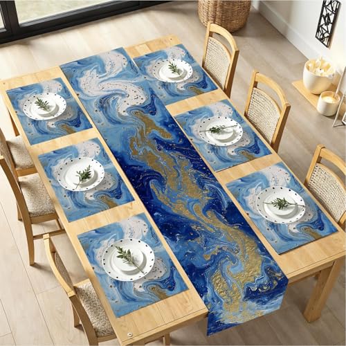 Set of 6 Blue Marble Table Runner & Placemats - Gold Accents, Elegant Home Dining Decor - 1 Runner 72x13 Inches + 6 Placemats 17.7x11.8 Inches (Variation 135)