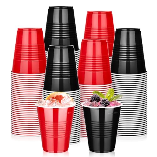 Disposable Plastic Party Cups 12 oz Set - Black and Red, 100 Pack Variation of Black/Red/100
