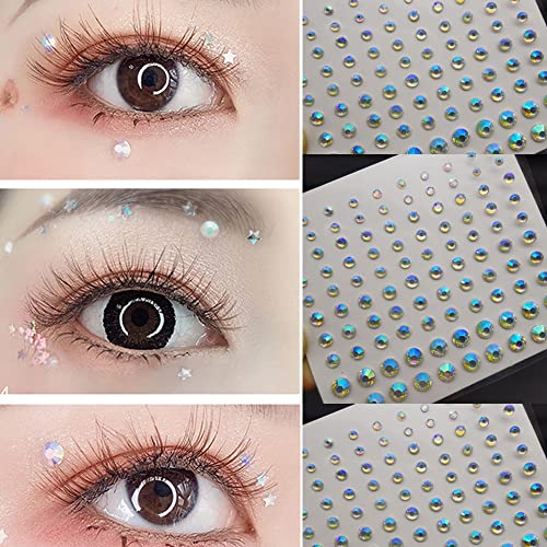 Self-Adhesive Face Gems Rhinestone Stickers for Makeup & Body Art - White AB, 3 Sheets
