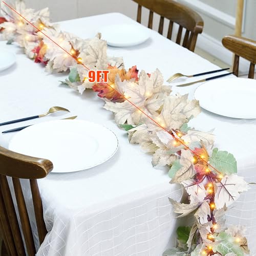 9Ft Connectable Lighted Fall Garland with 50 Incandescent Bulbs - Indoor Outdoor Thanksgiving Decor