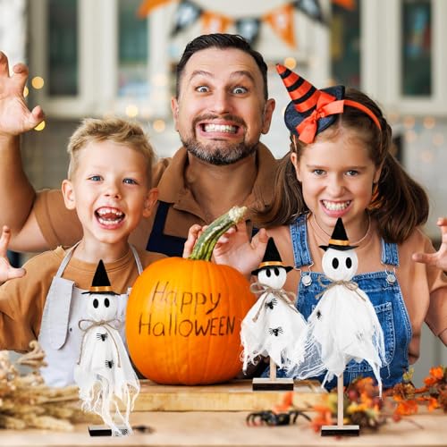 Halloween Ghost Centerpieces with Wooden Stand - Spooky Party Decor Set