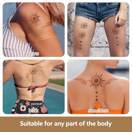Gold Temporary Tattoos Set - 9 Sheets, 110+ Metallic Designs Waterproof Body Art