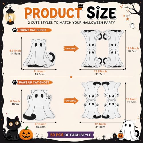Halloween Ghost Cat Napkins - 100 Disposable 2-Ply Party Tableware