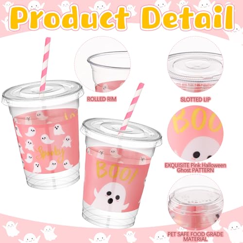 Pink Halloween Ghost Plastic Cups with Lids & Straws - 50 Pcs Party Supplies