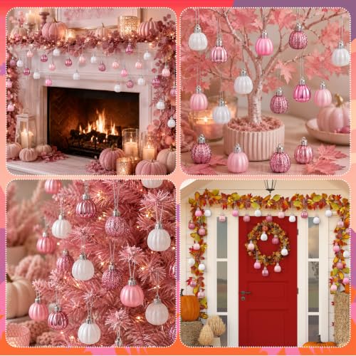 Pink Fall Pumpkin Ornaments Set of 36 - Glitter, Matte & Glossy Styles
