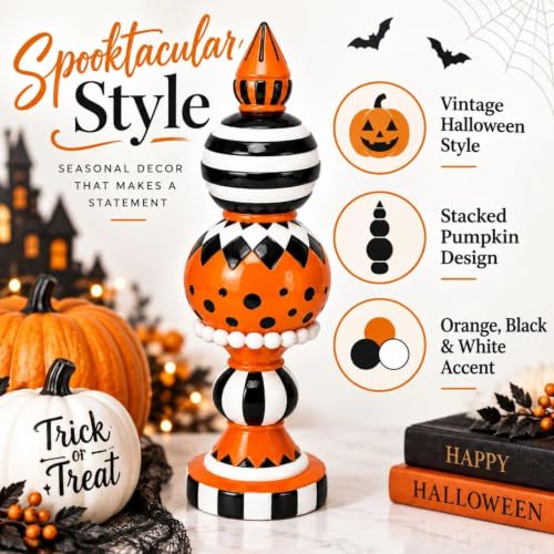 15-Inch Orange Black and White Checkered Halloween Table Decor - Pumpkin Accent, Farmhouse Style