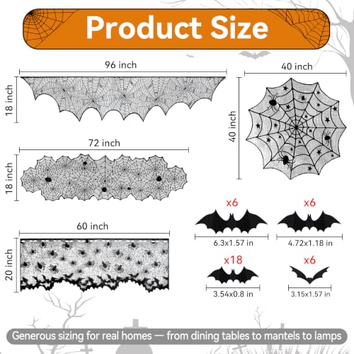 Halloween Decorations Kit with Lace Spiderweb Tablecloth and Bat Stickers - 40 Piece Set